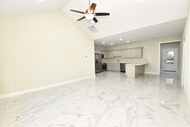 unfurnished living room featuring ceiling fan and high vaulted ceiling