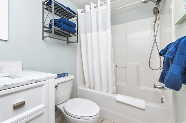 full bathroom featuring vanity, shower / tub combo with curtain, and toilet