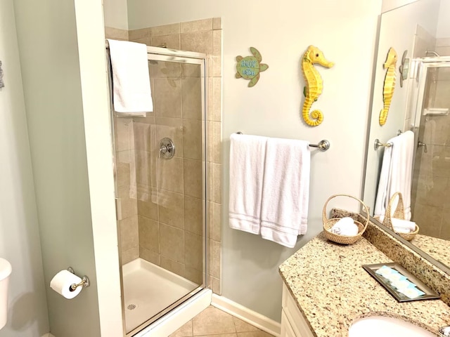 bathroom featuring tile patterned flooring, vanity, and an enclosed shower