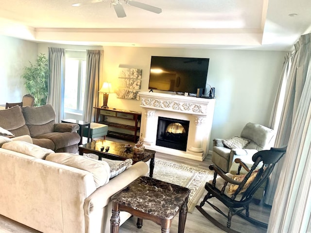 living room featuring ceiling fan, light hardwood / wood-style flooring, and a tray ceiling