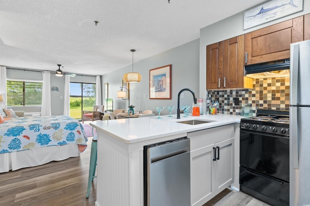 kitchen featuring kitchen peninsula, stainless steel appliances, light hardwood / wood-style floors, and sink