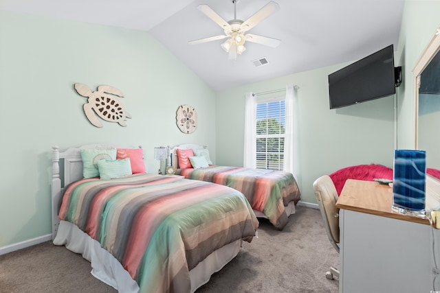 bedroom featuring vaulted ceiling, light carpet, and ceiling fan