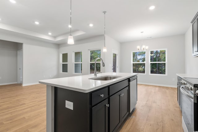 kitchen featuring stainless steel appliances, a kitchen island with sink, sink, light hardwood / wood-style floors, and hanging light fixtures