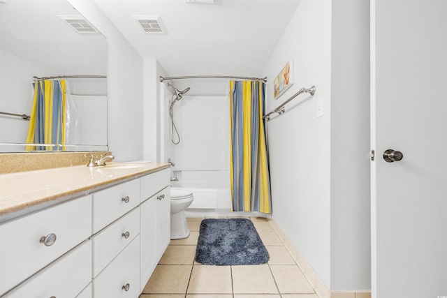 full bathroom with toilet, shower / bath combo, vanity, and tile patterned floors