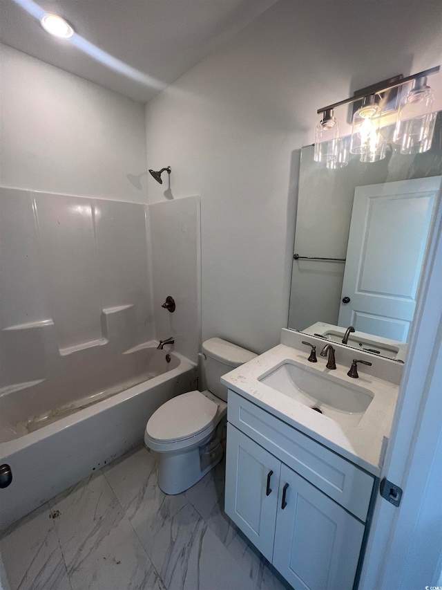 full bathroom with toilet, washtub / shower combination, and vanity