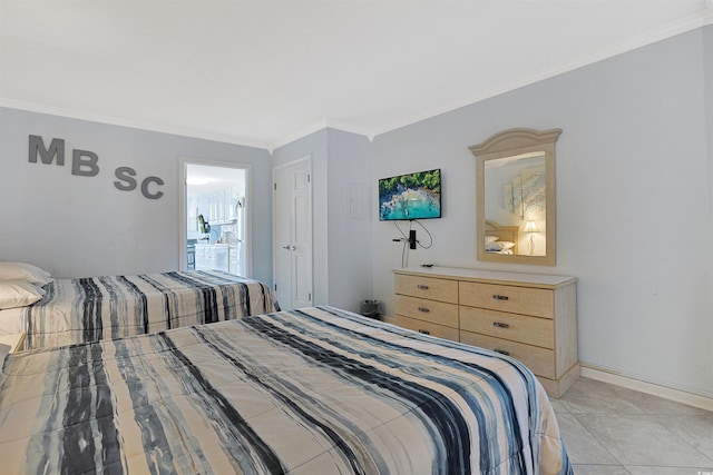 bedroom featuring light tile patterned floors, baseboards, and crown molding