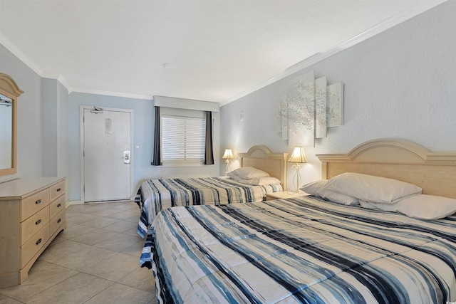 bedroom with light tile patterned floors and ornamental molding