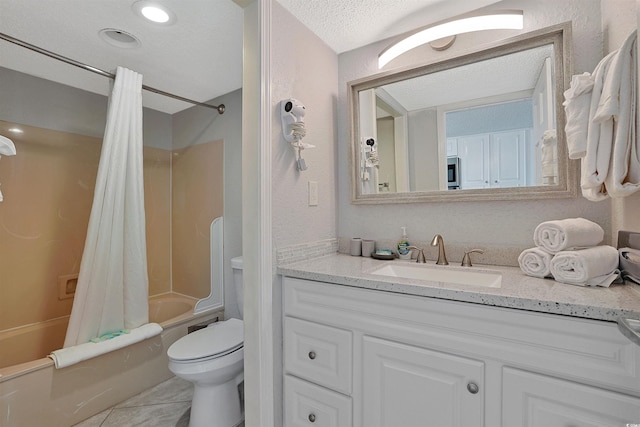 bathroom featuring a textured ceiling, tile patterned flooring, toilet, vanity, and shower / bath combo