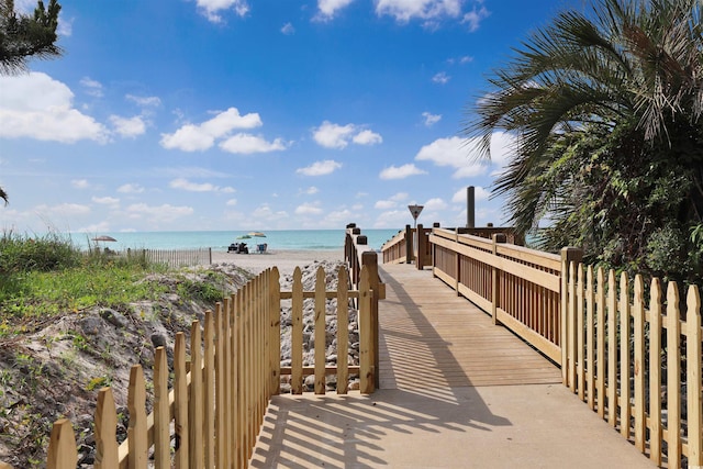 view of property's community featuring a view of the beach and a water view