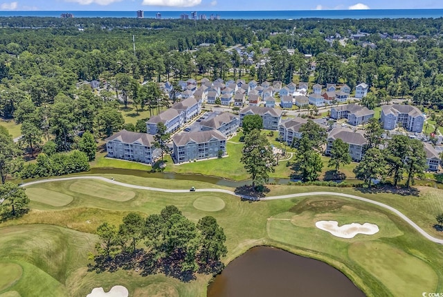 aerial view featuring a water view and golf course view