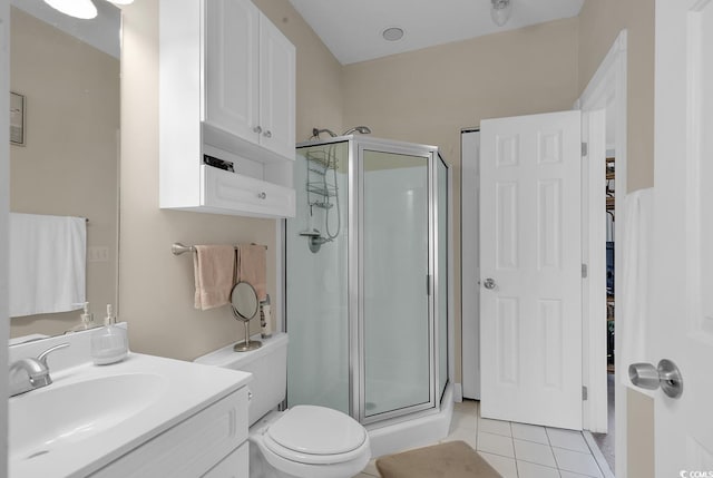 full bathroom featuring toilet, vanity, a shower stall, and tile patterned floors