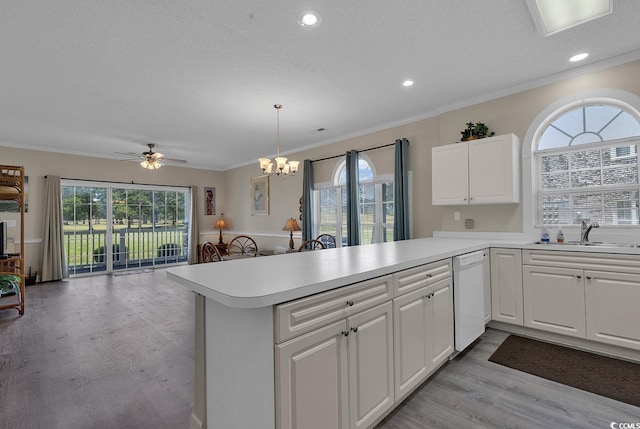 kitchen featuring light countertops, open floor plan, a sink, dishwasher, and a peninsula