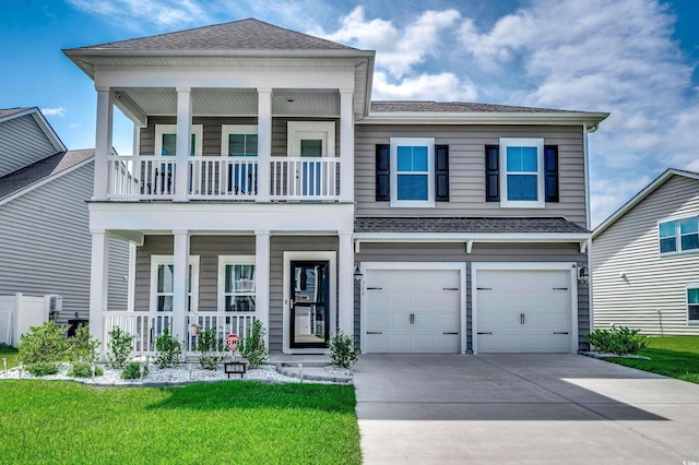 view of front of house featuring a garage, a front yard, covered porch, and a balcony