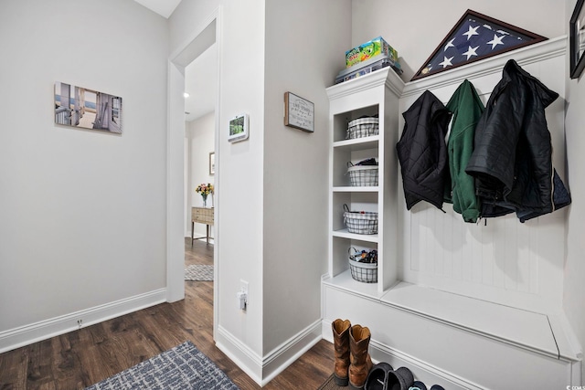 mudroom featuring dark wood-type flooring