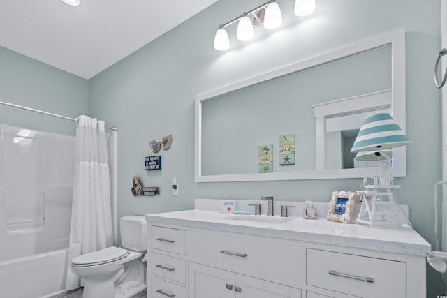 full bathroom featuring vanity, shower / tub combo with curtain, and toilet