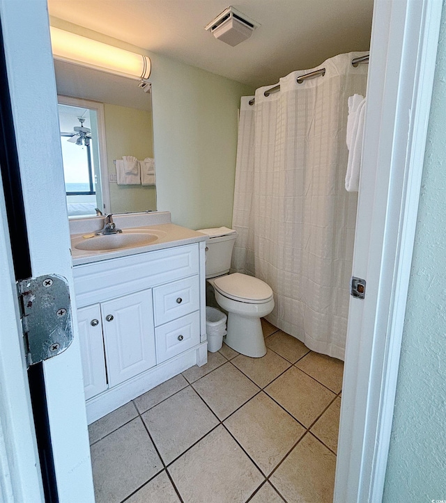 bathroom with tile patterned floors, ceiling fan, vanity, and toilet