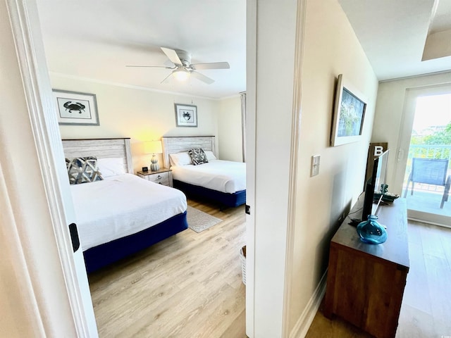 bedroom featuring crown molding, ceiling fan, access to exterior, and light hardwood / wood-style flooring