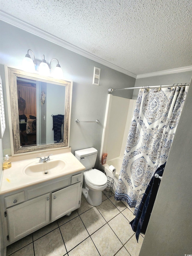 full bathroom with vanity, tile patterned floors, crown molding, shower / bath combo with shower curtain, and a textured ceiling