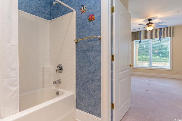 bathroom with ceiling fan and shower / tub combo with curtain