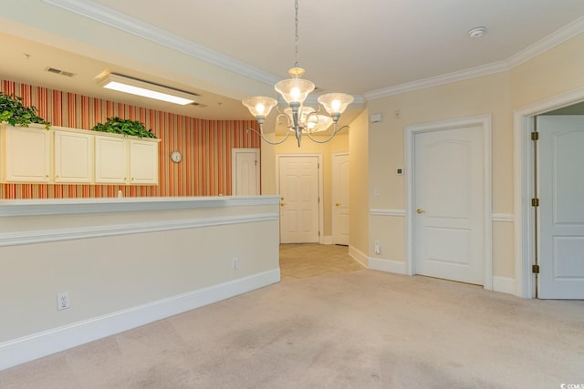 kitchen with decorative light fixtures, light colored carpet, crown molding, and an inviting chandelier