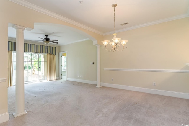 empty room with decorative columns, crown molding, light carpet, and ceiling fan with notable chandelier