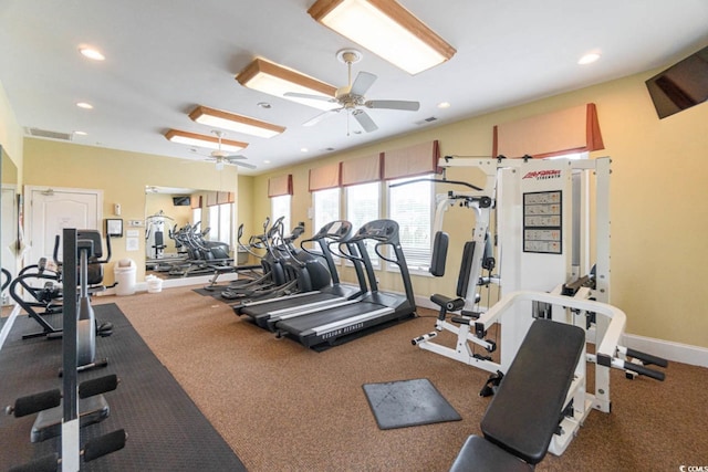 workout area with ceiling fan