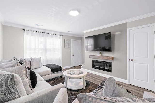 living room featuring crown molding and hardwood / wood-style floors