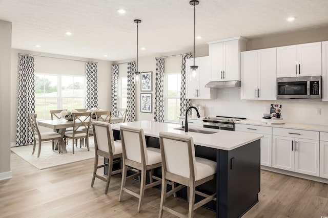 kitchen featuring an island with sink, pendant lighting, stainless steel appliances, light hardwood / wood-style flooring, and sink