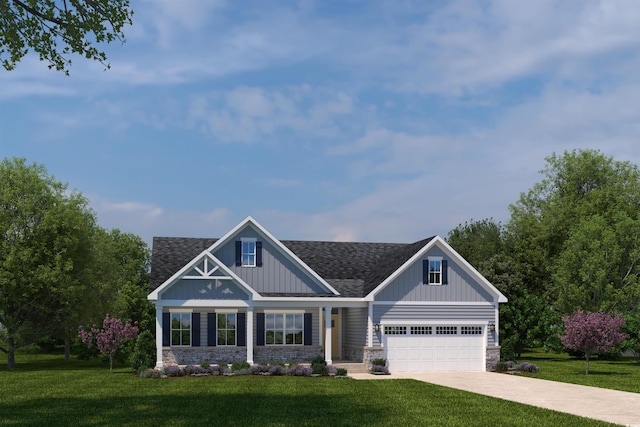 craftsman inspired home featuring a front yard, a porch, and a garage