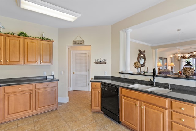 kitchen featuring ornate columns, sink, hanging light fixtures, black dishwasher, and a notable chandelier