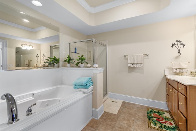 bathroom with vanity, crown molding, plus walk in shower, and a tray ceiling