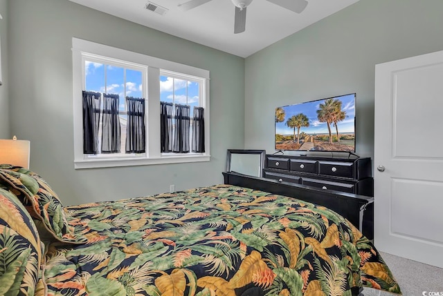 bedroom featuring ceiling fan and carpet floors