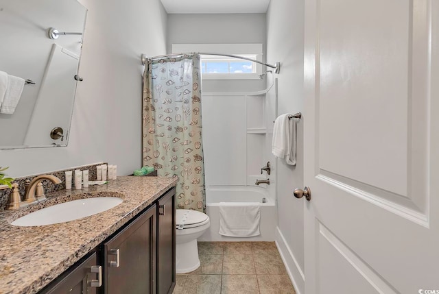 full bathroom featuring vanity, shower / tub combo, toilet, and tile patterned floors