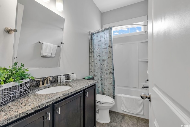 full bathroom featuring shower / bath combination with curtain, tile patterned floors, vanity, and toilet