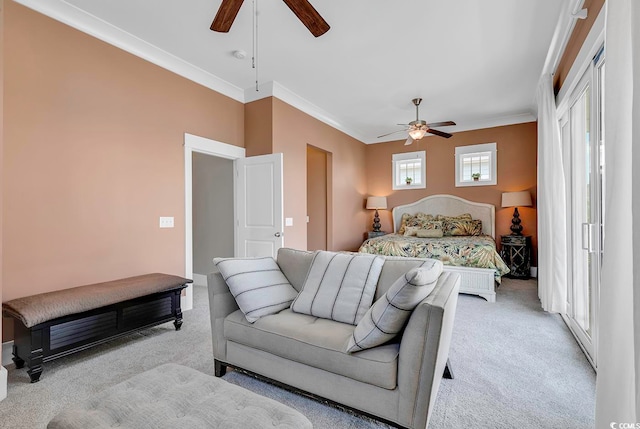 bedroom featuring ceiling fan, light carpet, and ornamental molding