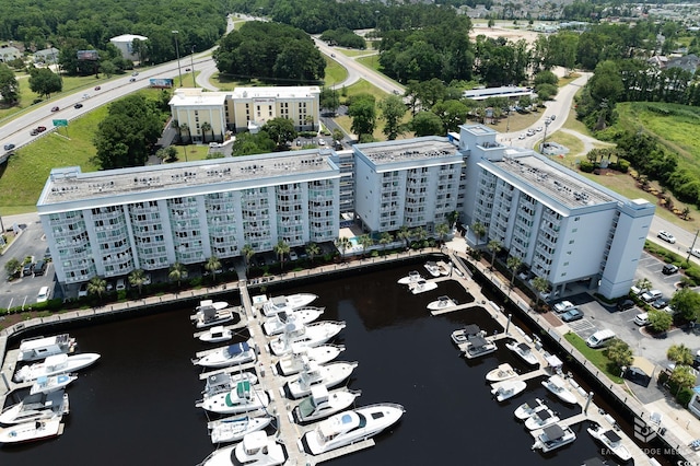 drone / aerial view with a water view