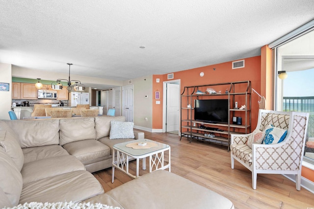 living room featuring light hardwood / wood-style floors and a textured ceiling