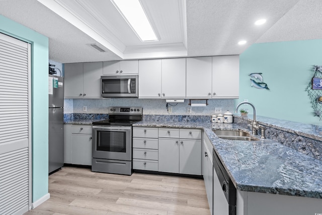 kitchen featuring visible vents, appliances with stainless steel finishes, a tray ceiling, light wood-style floors, and a sink