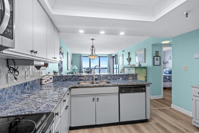 kitchen with light hardwood / wood-style floors, a raised ceiling, white dishwasher, and white cabinetry