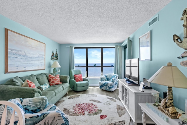 living area with visible vents, a textured ceiling, and wood finished floors