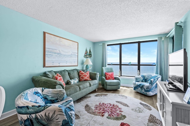 living area with a textured ceiling, wood finished floors, and baseboards