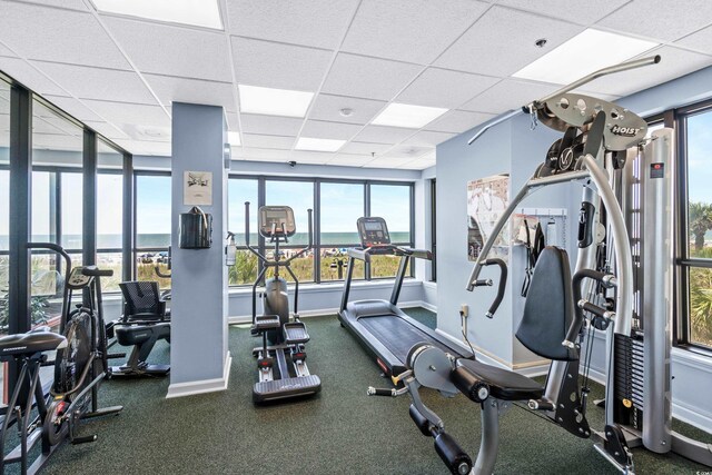 gym featuring a drop ceiling, carpet flooring, and a water view