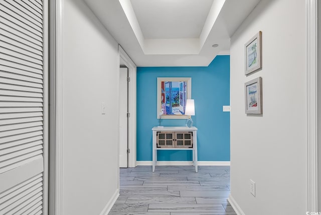 hall with a raised ceiling and light hardwood / wood-style floors