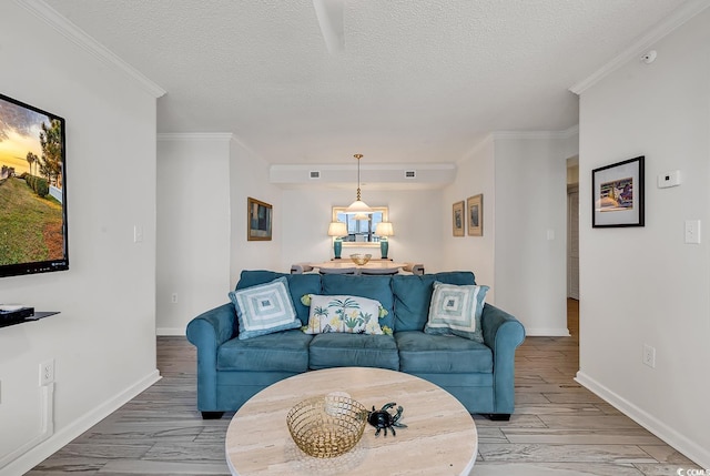 living room featuring wood-type flooring, ornamental molding, and a textured ceiling