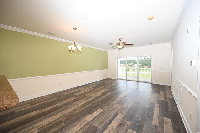 spare room featuring ornamental molding, ceiling fan with notable chandelier, and dark hardwood / wood-style flooring