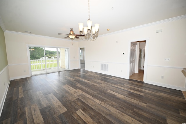 unfurnished room with crown molding, dark hardwood / wood-style flooring, and ceiling fan with notable chandelier