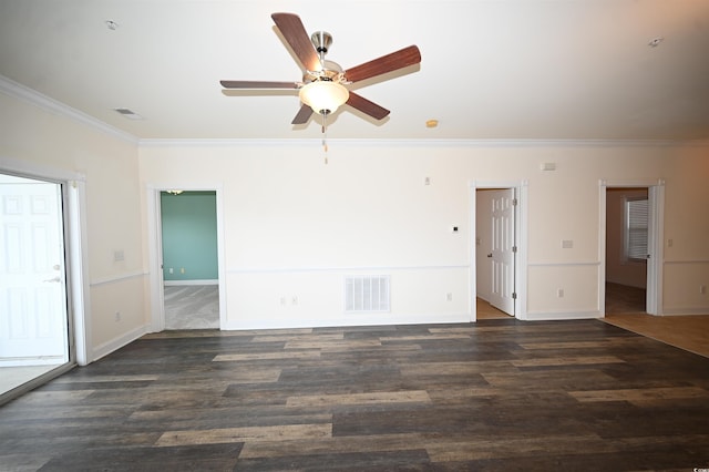 unfurnished room featuring ornamental molding, dark hardwood / wood-style floors, and ceiling fan