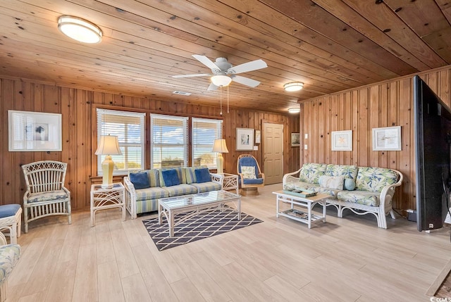 living room with ceiling fan, light hardwood / wood-style floors, and wooden ceiling