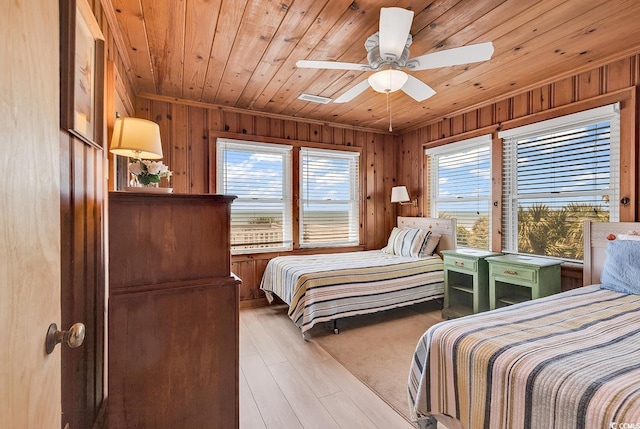 bedroom featuring ceiling fan, light wood-type flooring, wooden walls, and wooden ceiling