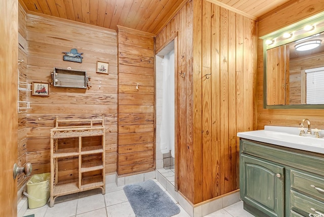 bathroom with wooden ceiling, vanity, and wood walls